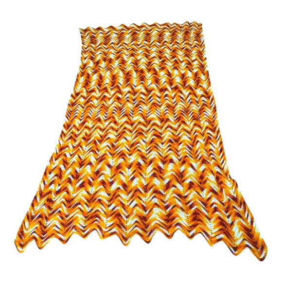 Vintage Chevron Afghan Throw Blanket Orange Brown White Zigzag Pattern MCM Retro - Picture 3 of 4